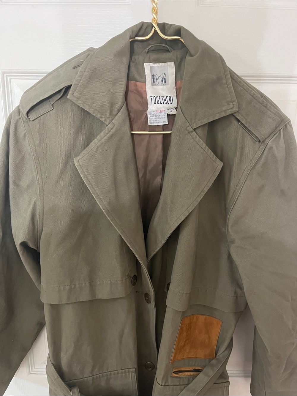 Together Olive Trench Coat with Brown Leather Patch Petite size 4